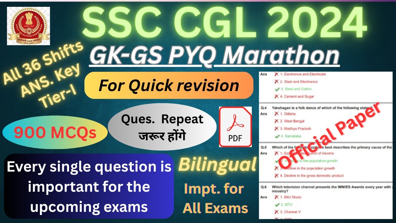 SSC CGL 2024 , All 36 Shifts GK-GS PYQ  MCQs