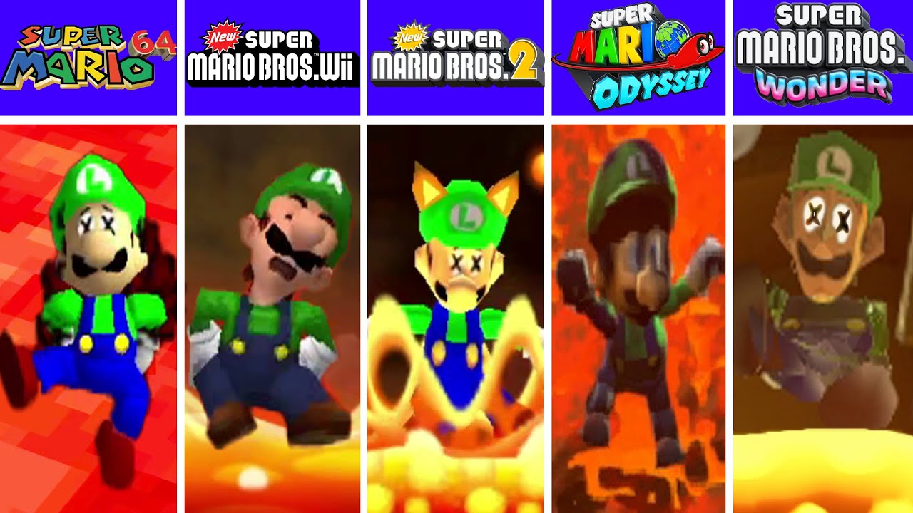 Evolution of Luigi 64 Falling Lava, Game Over Screens Super Mario Games And Fan Mod (1996-2024)