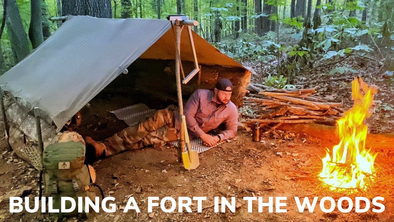 Solo Overnight Building a Fort in The Woods Part 1 and Bacon Wrapped Sausage