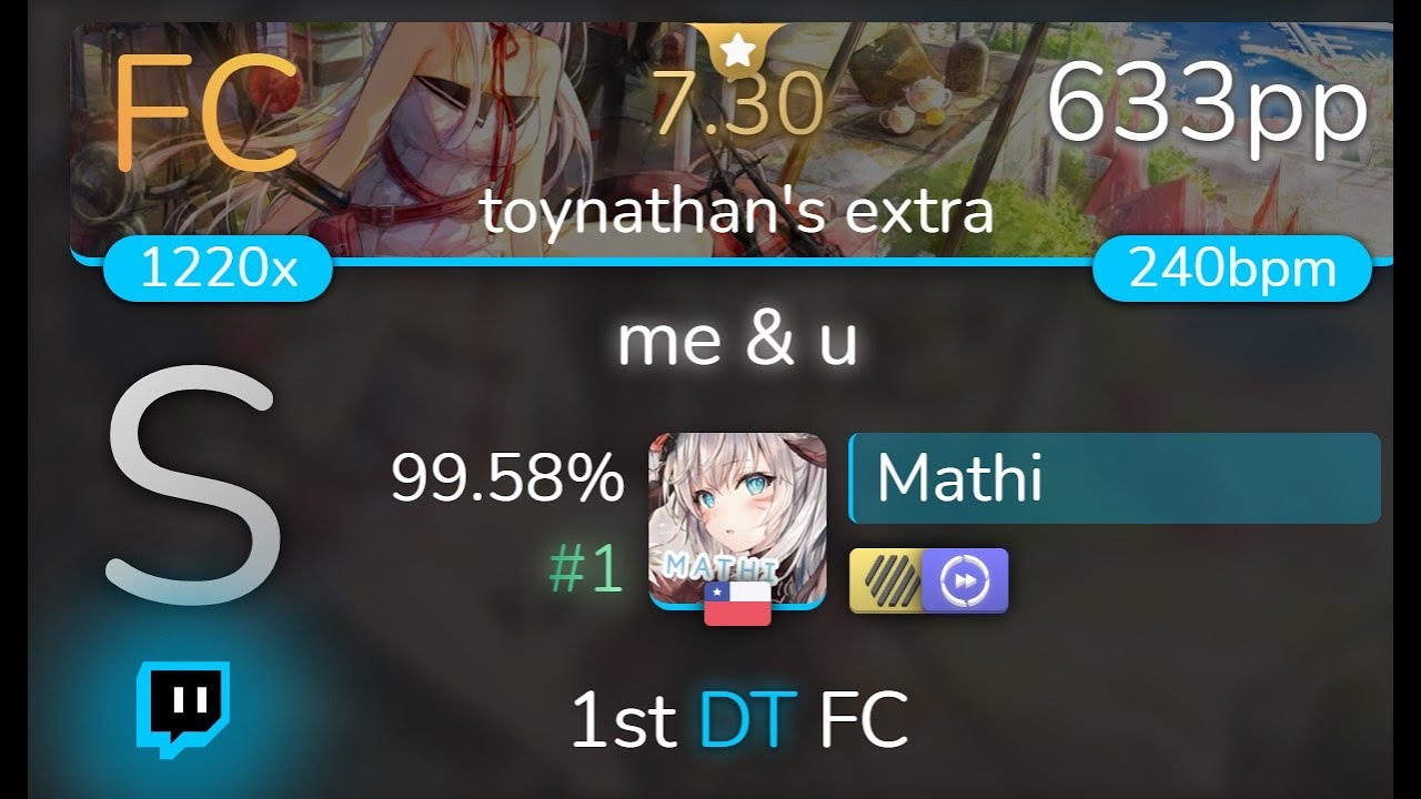 [Live] Mathi | succducc - me & u [toynathan's extra] 1st +HDDT FC 99.58% {#1 633pp FC} - osu!