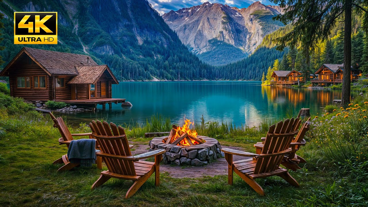 Relaxing Spring Vibes in Mountain Lake Cabins | Crackling Campfire, Nature Sounds & Forest Serenity