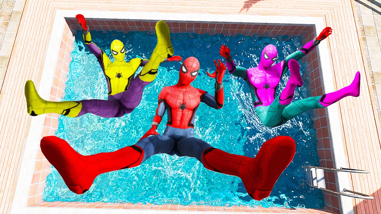 GTA 5 Rainbow Yellow Vs Pink & Red Spiderman Jumping Into Pool (Euphoria Physics/Ragdolls) #1
