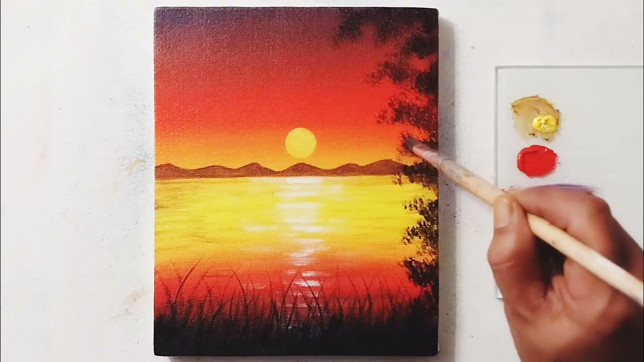 Lukisan Kanvas Mudah Untuk Pemula Ukuran 20x25 cm || Pemandangan Sunset