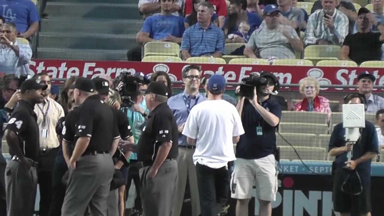 Matthew Perry NBC 'Go On' Gives Dodgers Lineup 9-5-12 Dodger Stadium