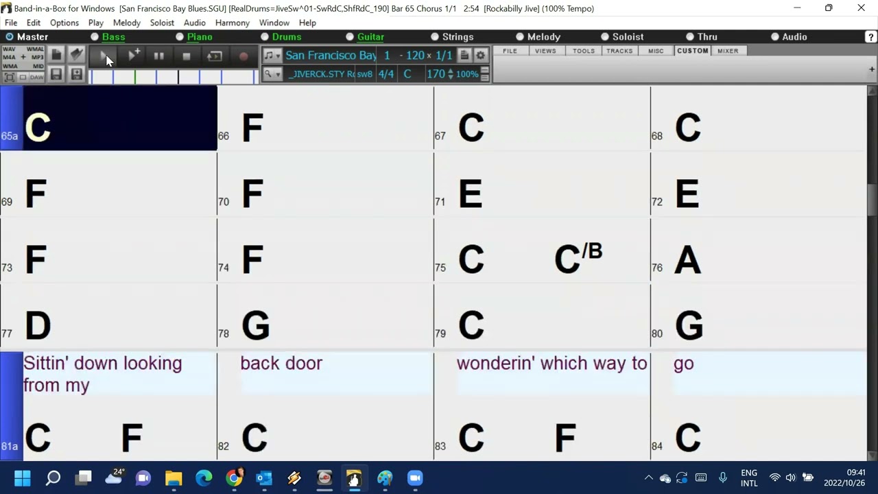 San Francisco Bay Blues Band-in-box backing track with chords sand lyrics