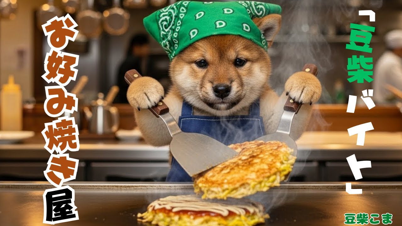 【天才豆柴バイト】豆柴こま、お好み焼き屋さんで働いてみた！Part-Time Mameshiba: Koma Tries Working at an Okonomiyaki Restaurant!