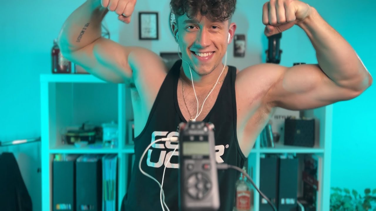 Flexing muscles and tapping on them ASMR (male whispers)