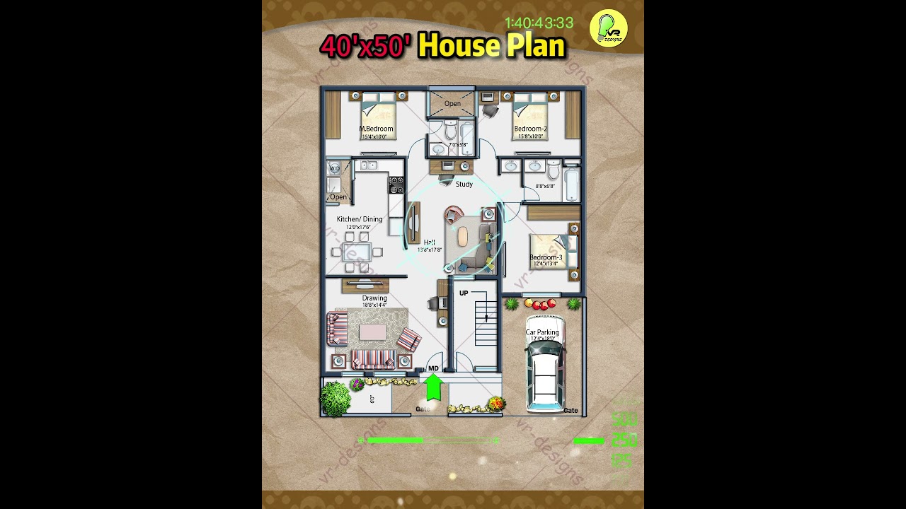 40&times;50 House Plan, North facing, 3 BHK with Car Parking and Front Yard, 40*50 home design #instyle