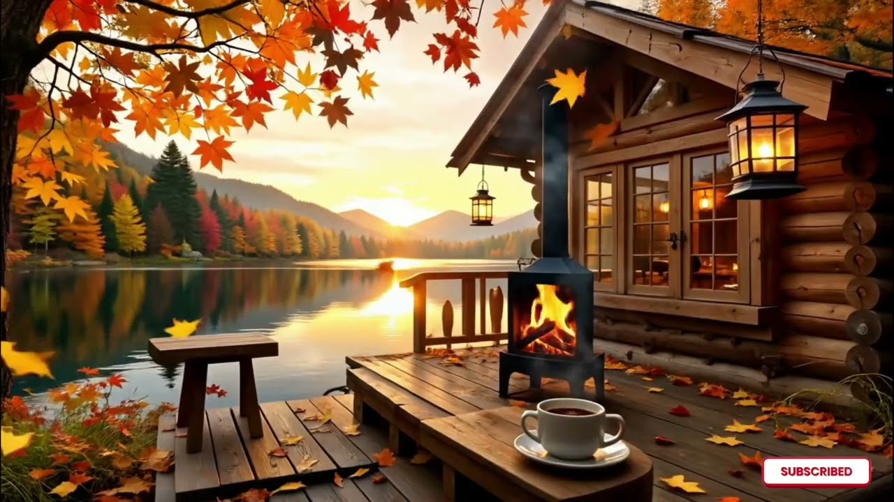 Escape to a Cozy Autumn Cabin 🍁 432Hz Relaxing Jazz & Fireplace by the Lake (4K Ambience)
