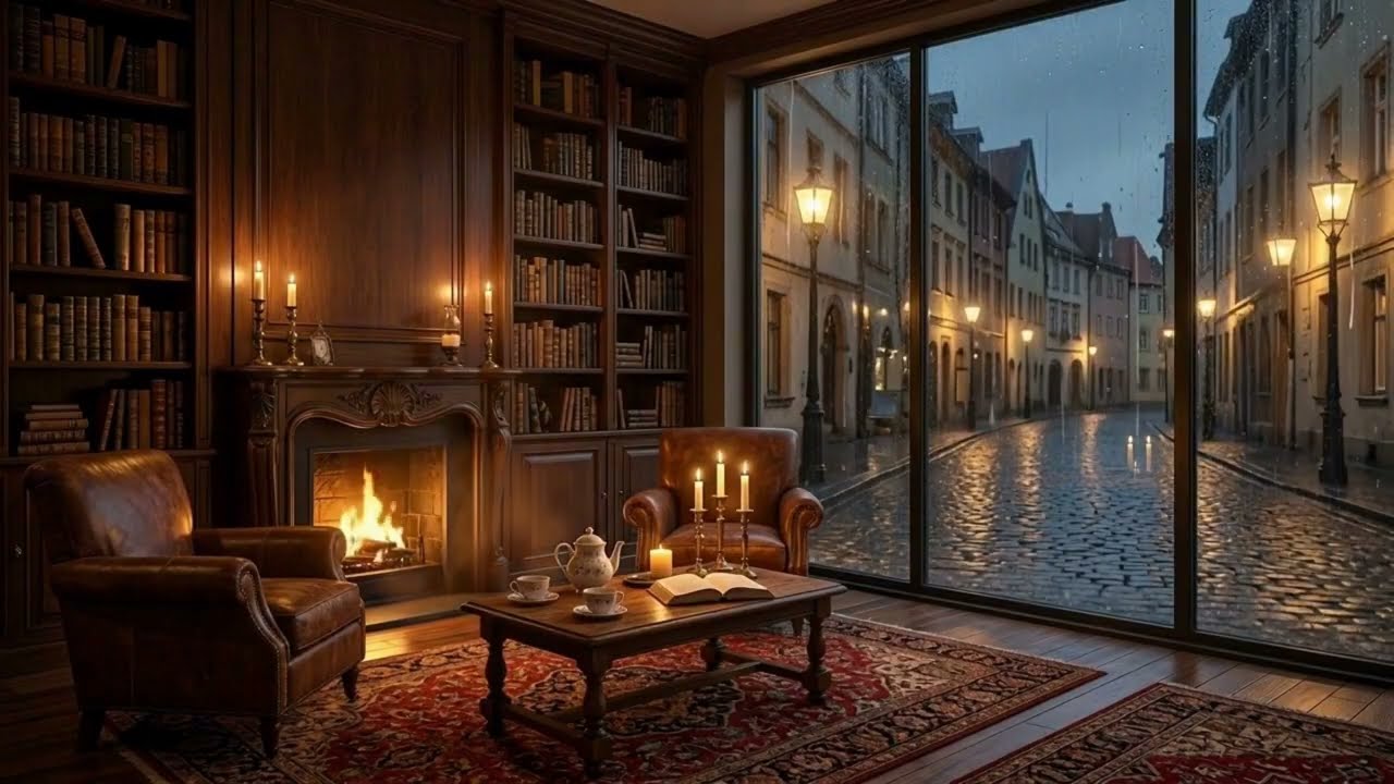4K Fireplace & Rainy | 6 Hours Night Window Ambient Screensaver | Rain Sounds for Hotels Spa, Sleep