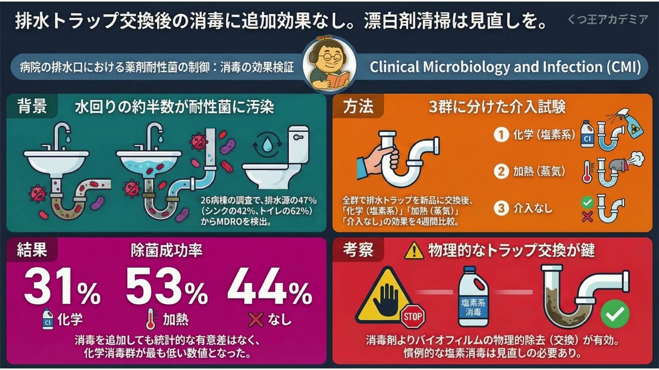 【医療者向け・音声のみ】病院シンクの多剤耐性菌汚染、トラップ交換後の塩素・蒸気消毒による追加効果は認められず：無作為化比較試験　Clinical Microbiology and Infection