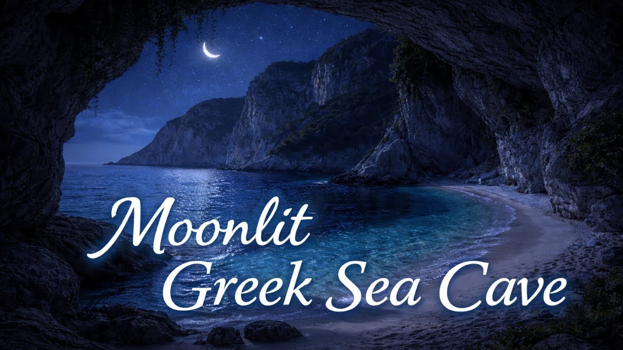 Moonlit Greek Sea Cave 🌙10 hour Night Ocean Ambience for Sleep, Relaxation & Stress Relief