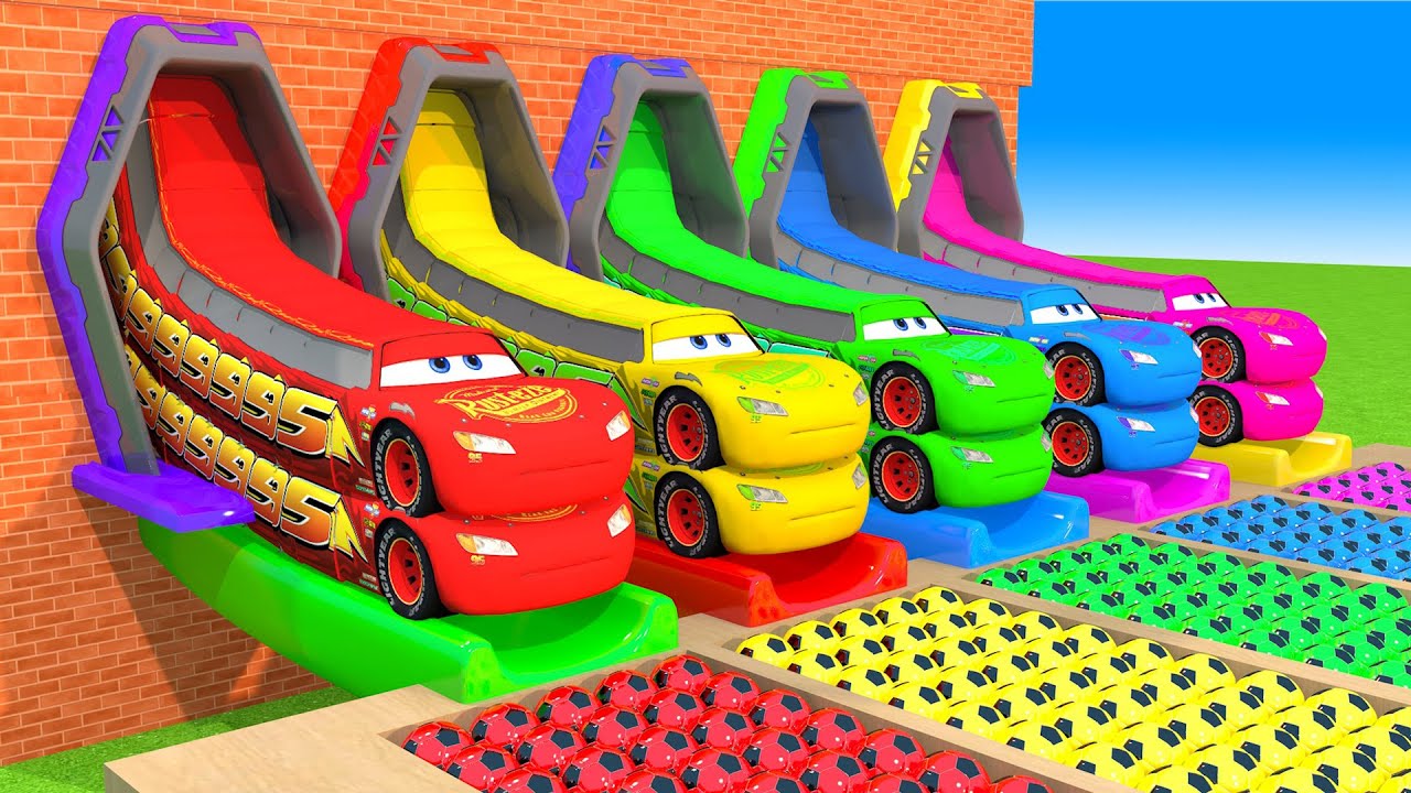 LONG CARS McQueen, Police Cars, MONSTER TRUCK GO DOWN THE SLIDE in Teardown