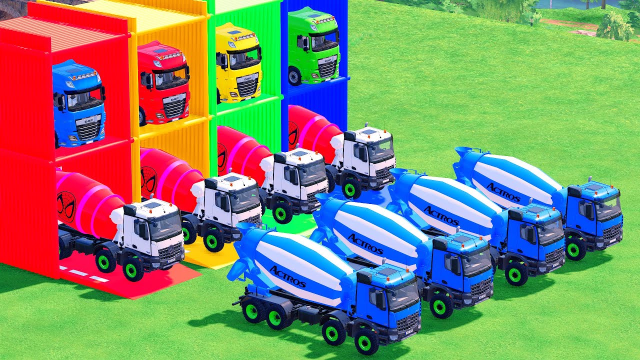 Garage with Colors - ALL MIXER TRUCK WITH DOUBLE FLATBED TRAILER TRUCK, KENWORTH, SCANIA, LIZARD