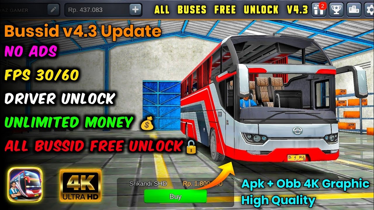 All Buses Free Unlock🔓 Apk + Obb v4.3 For Bus Simulator Indonesia  !! Unlimited Money 💰 No Ads