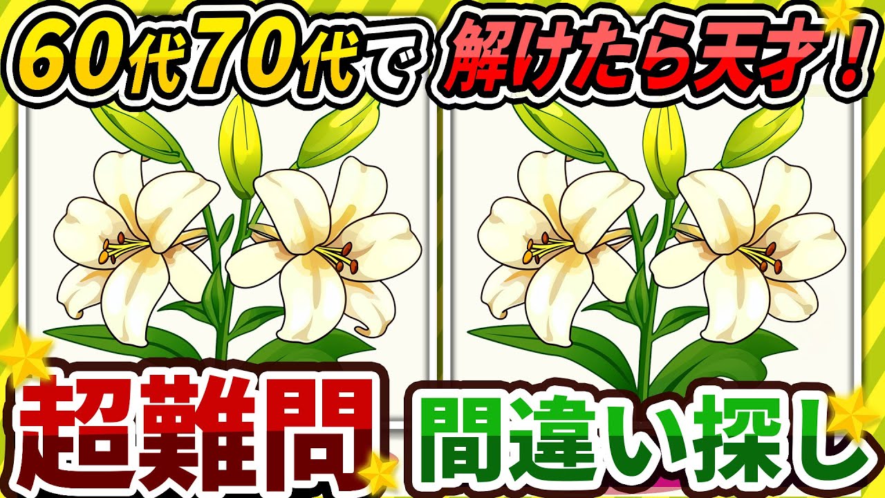 【間違い探しクイズ】⚠️むずかしいユリのイラスト編！脳活＆脳トレにおススメ無料ゲーム【アハ体験有り】#196