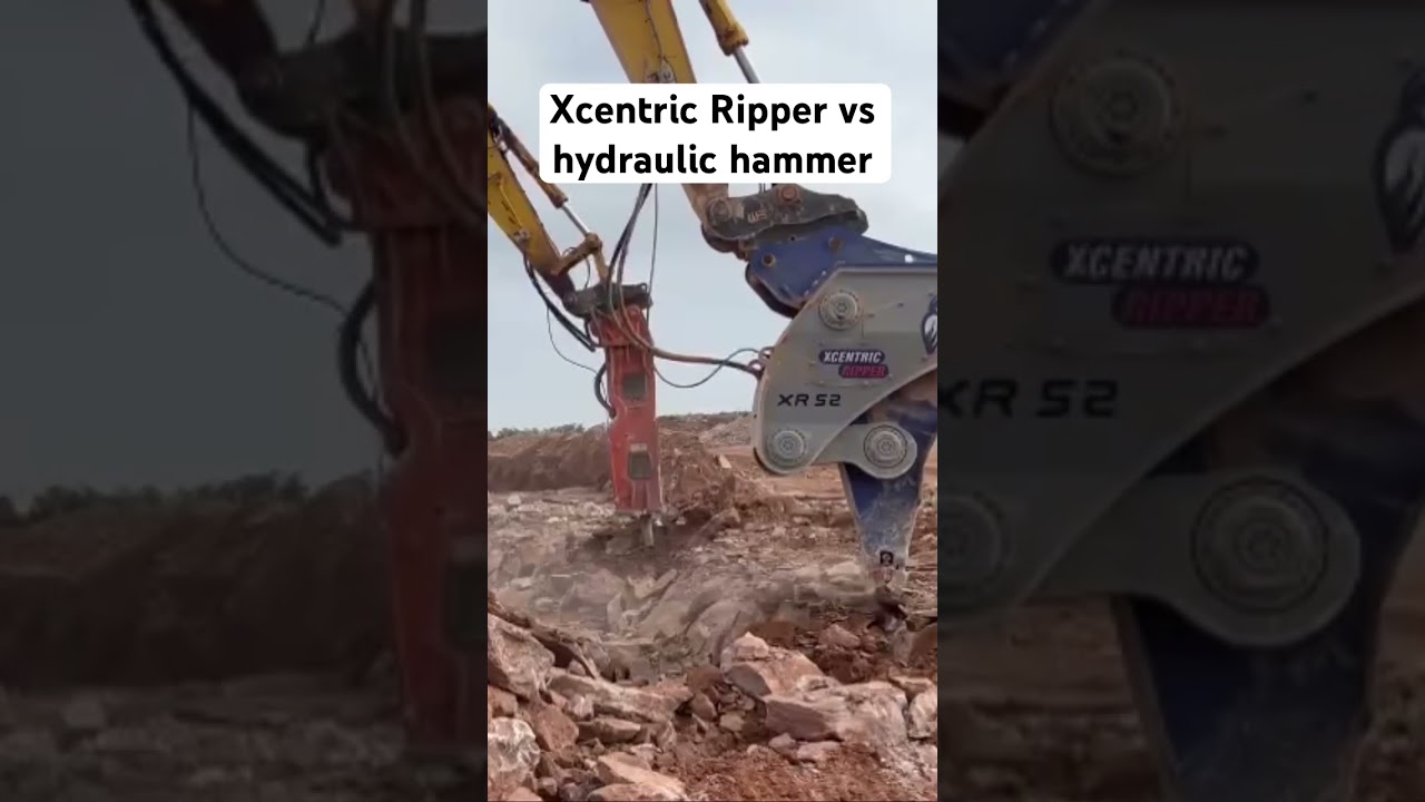 Xcentric Ripper vs. Hydraulic hammer. Comparison in hard rock. Texas, USA. Komatsu excavators.