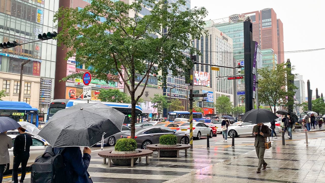 [4K] Rainy Friday Walks 7 km around Gangnam Seoul Korea Ambience City Sound 비오는 금요일 서울 강남 7킬로 미터를 걷다