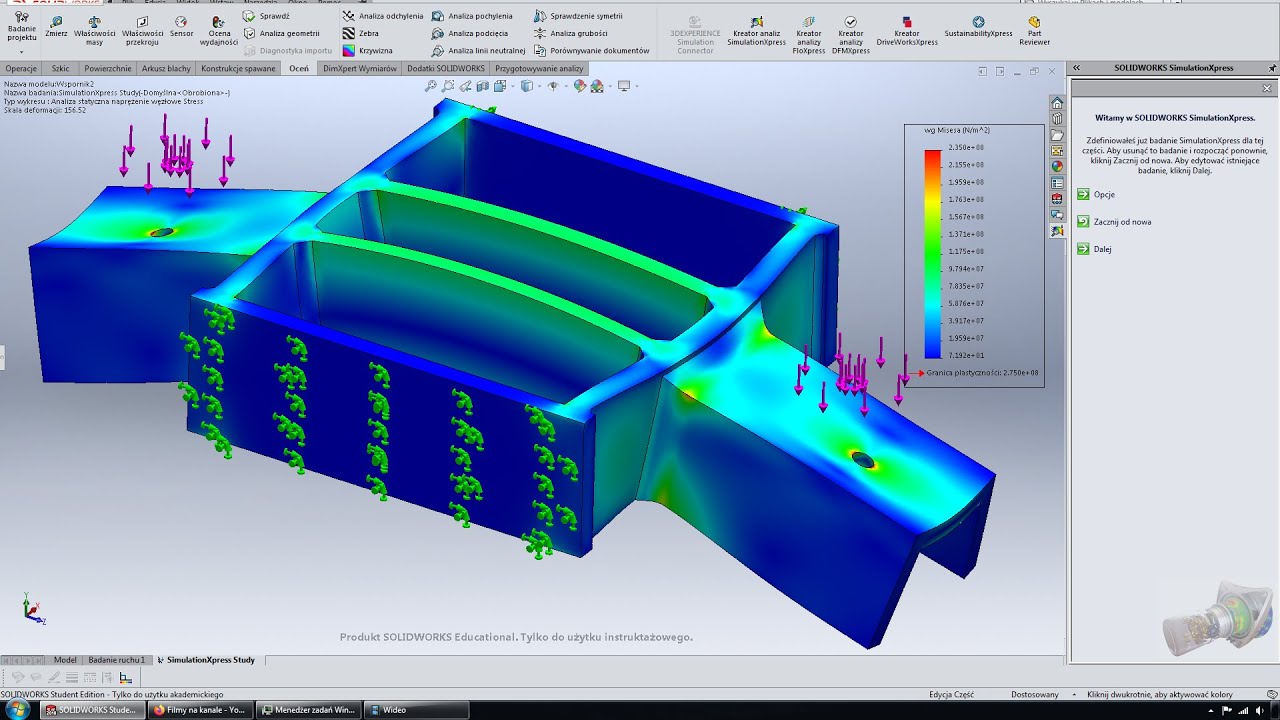 [#84] Wytrzymałość materiałów - projekt wspornika. Obliczenia, analiza MES - SolidWorks.