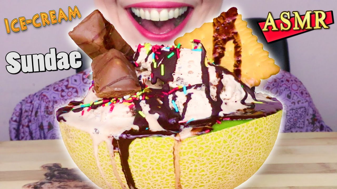 ICE CREAM SUNDAE IN HONEYDEW WITH TOPPINGS 🍨 | No Talking | ASMR Mukbang  - 먹방 | Real Eating Sounds