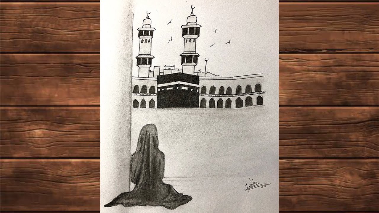 Мусульманка молится у Каабы || Рисунок мусульманки в хиджабе с Каабой || Простой рисунок карандашом