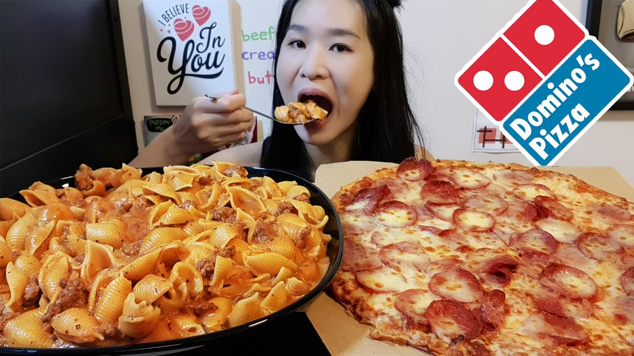 Creamy & Cheesy! Domino's Pepperoni Pizza & Creamy Beef Shell Pasta Recipe - Cooking & Mukbang Asmr