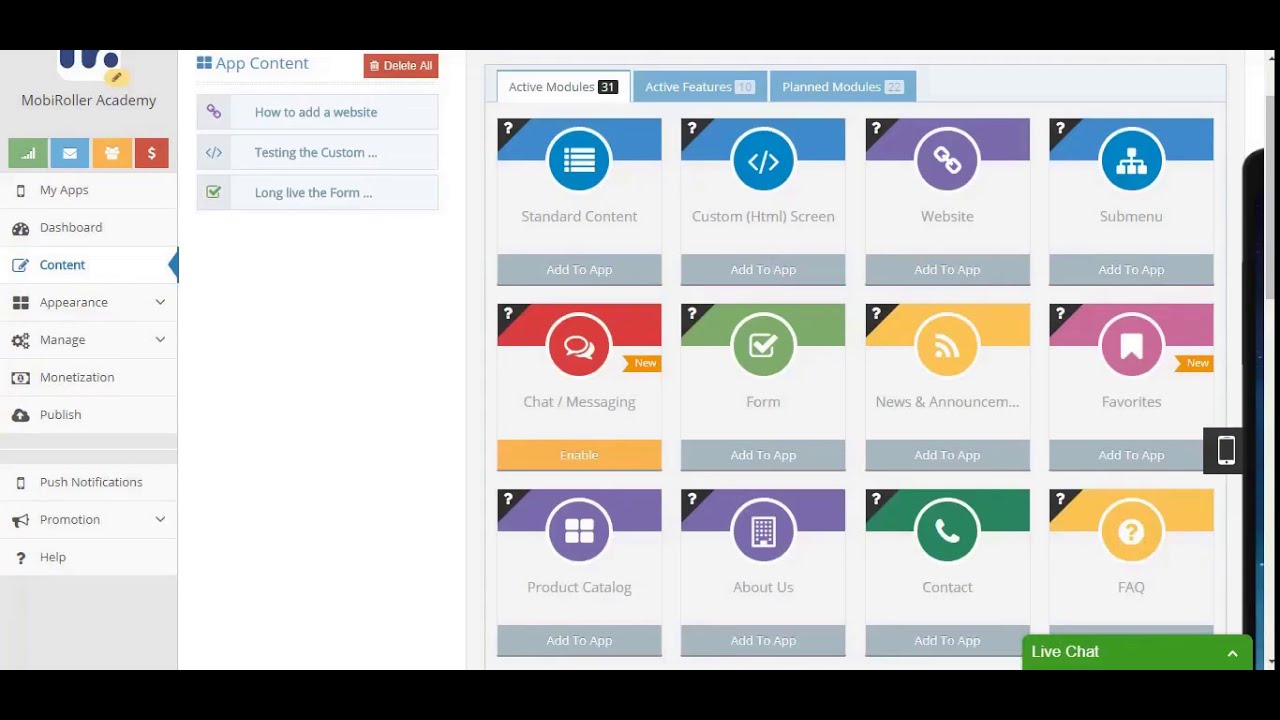 Mobile App Builder - Add Content