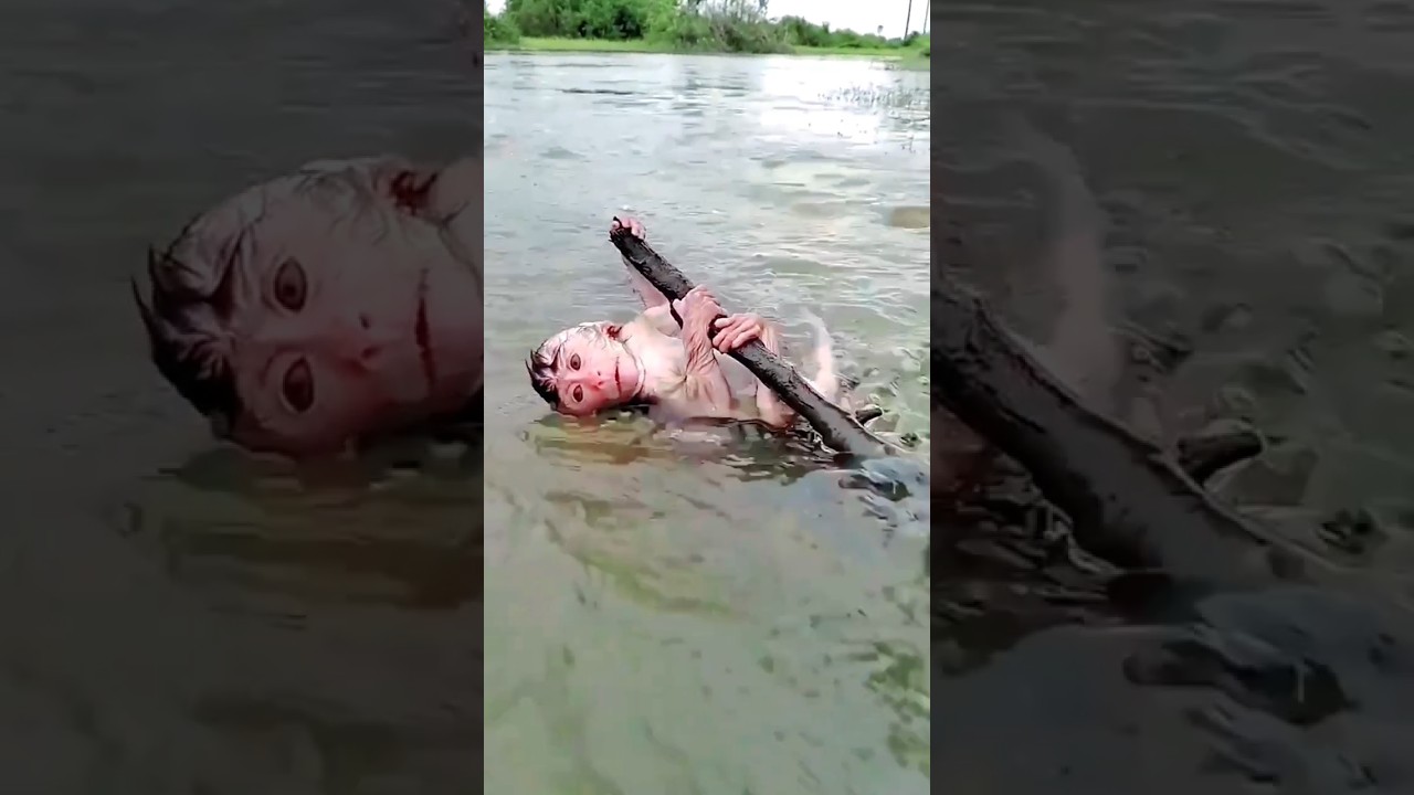 Baby monkey gets stuck while swimming in the water😢🐒 #water #shorts