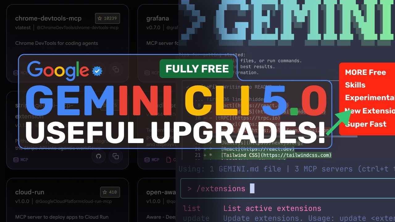 Gemini CLI (New Upgrades - 5.0): Better Free Limits, Skills, Conductor & MORE!