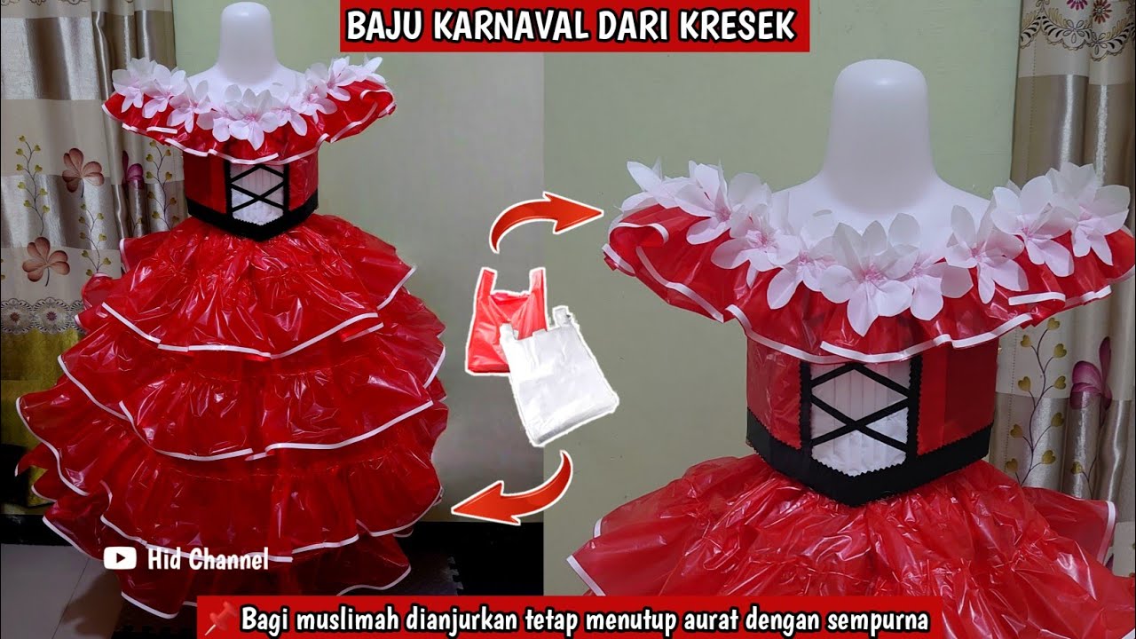 CARA MEMBUAT BAJU KOSTUM KARNAVAL MERAH PUTIH DARI KRESEK || GAUN MERAH PUTIH DARI PLASTIK KRESEK