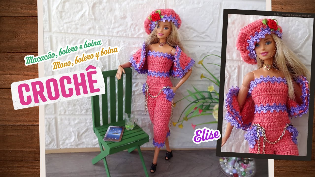 Macacão, bolero e boina de crochê para Barbie 🪴 Elise