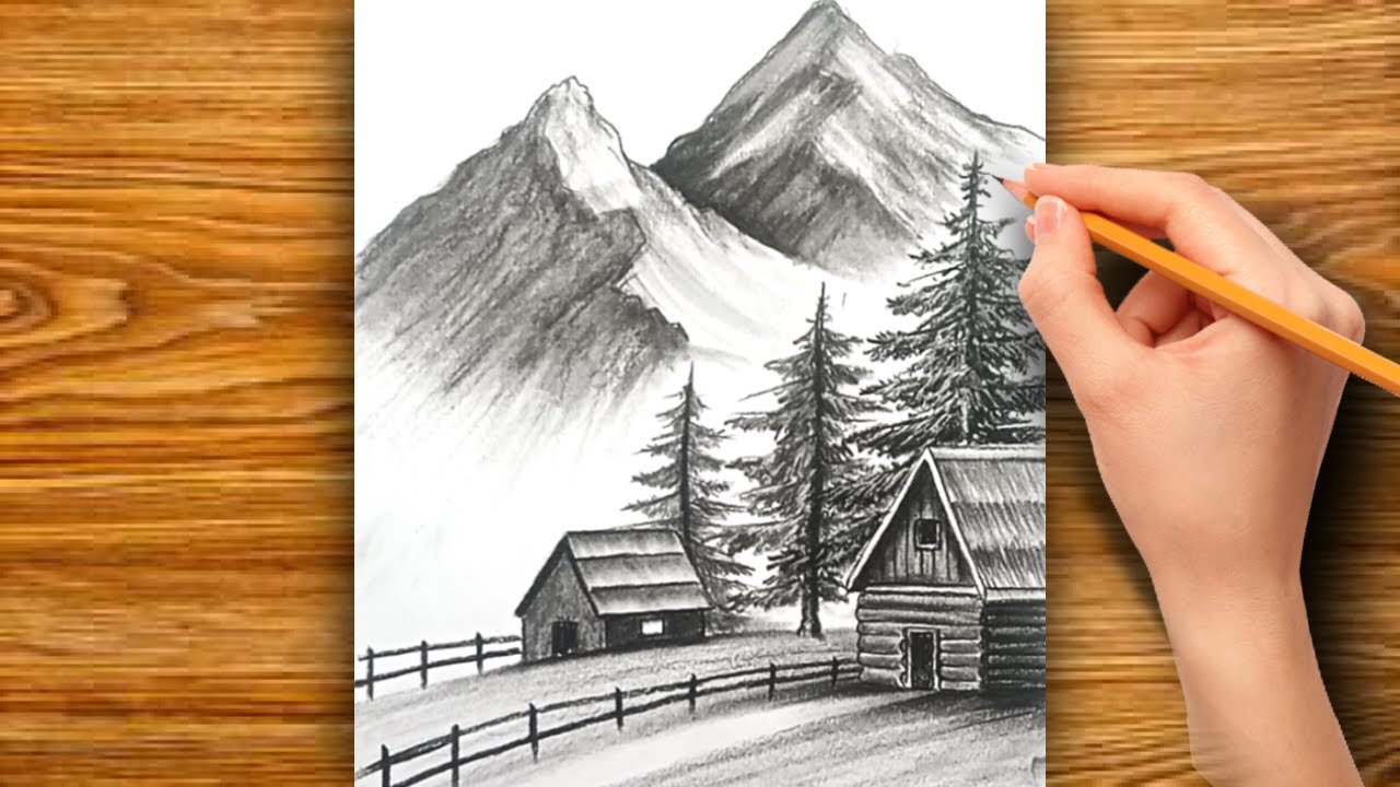 Easy Mountain Scenery Pencil Drawing for Beginners | Cabin & Pine Trees Sketch