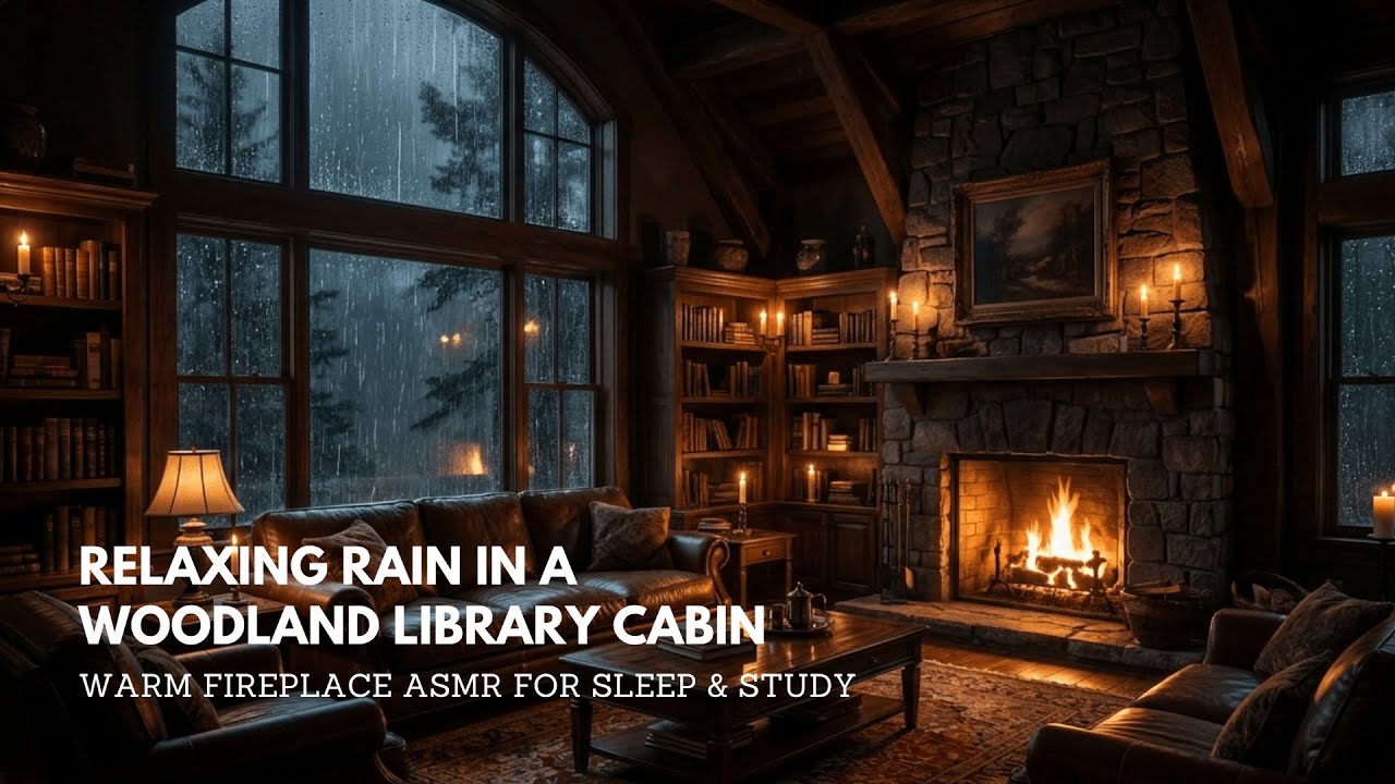 Relaxing Rain in a Woodland Library Cabin – Warm Fireplace ASMR for Sleep & Study