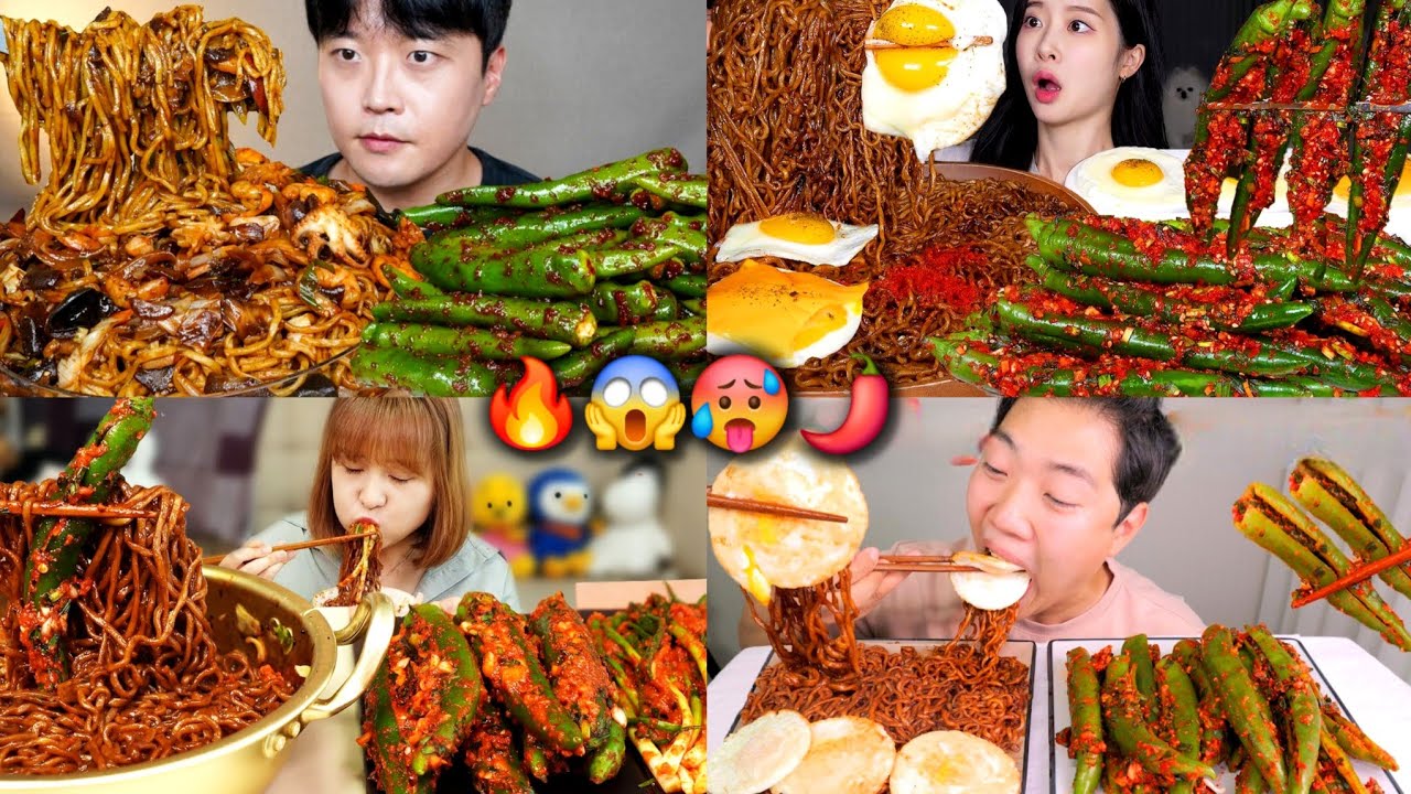 🤯 3X SPICY Black Bean Noodles & Chili Kimchi 🌶️ | Jjajangmyeon ASMR Mukbang