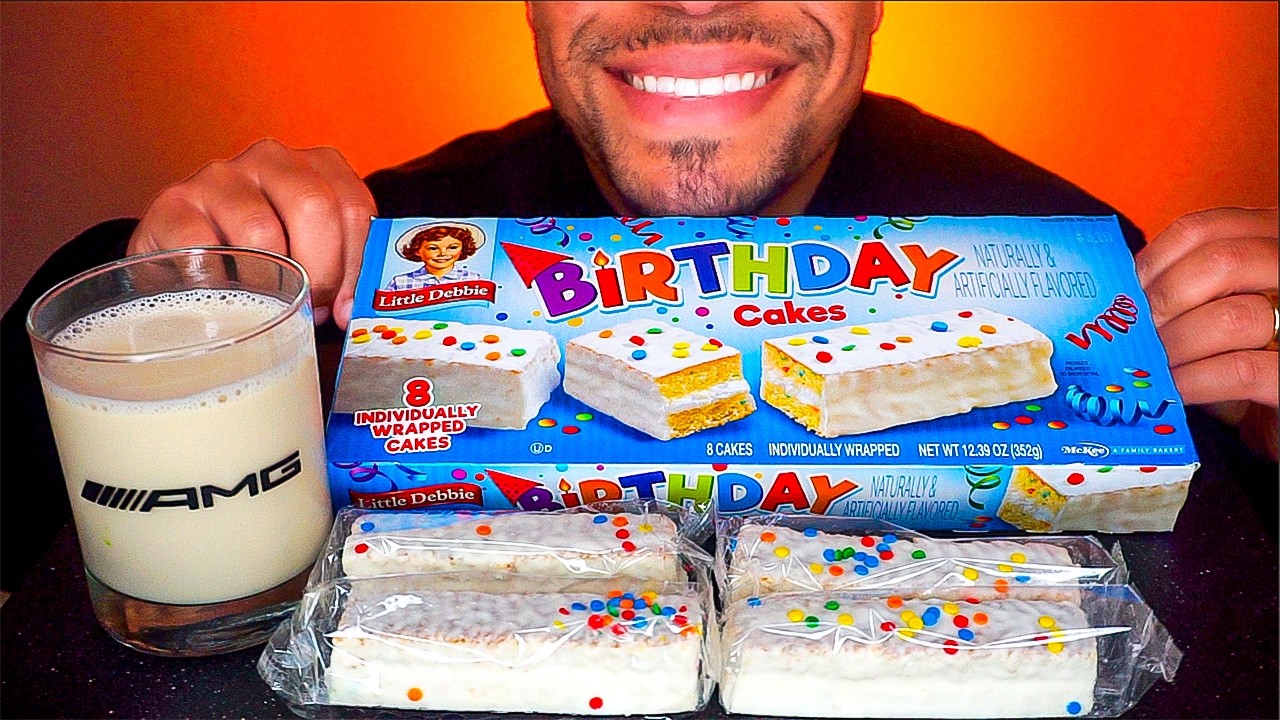 ASMR LITTLE DEBBIE BIRTHDAY CAKES AND MILK DRINKING MUKBANG EATING SOUNDS NO TALKING