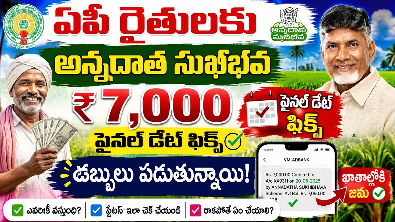 ఏపి రైతులకు అన్నదాత సుఖీభవ ₹7000 ఫైనల్ డేట్ ఫిక్స్ డబ్బులు పడుతున్నాయి|Annadatha sukibhava status 