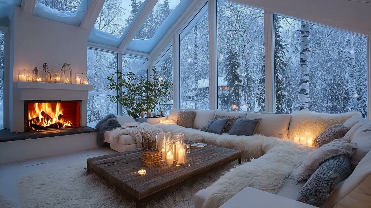 🤍🎹 Winter White Piano Lounge with Fireplace Glow and Soft Flowers for 3 Hours of Healing Calm