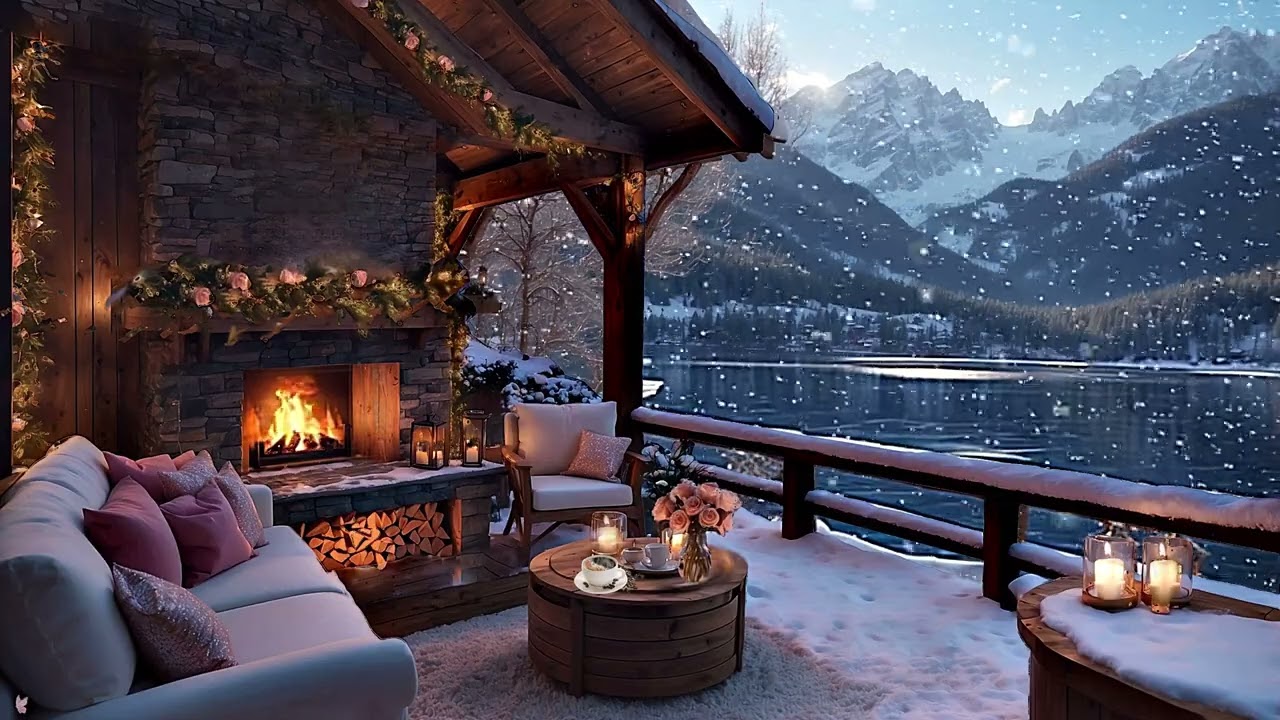 Beautiful Terrace Fireplace 4k🔥Sounds for Sleep Ambience😴Snowfall❄️💗Study, Meditation, ASMR Ambience