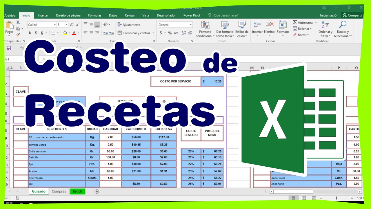Costo de Recetas Est&aacute;ndar en excel de Men&uacute; de Restaurante - Marco S.A.