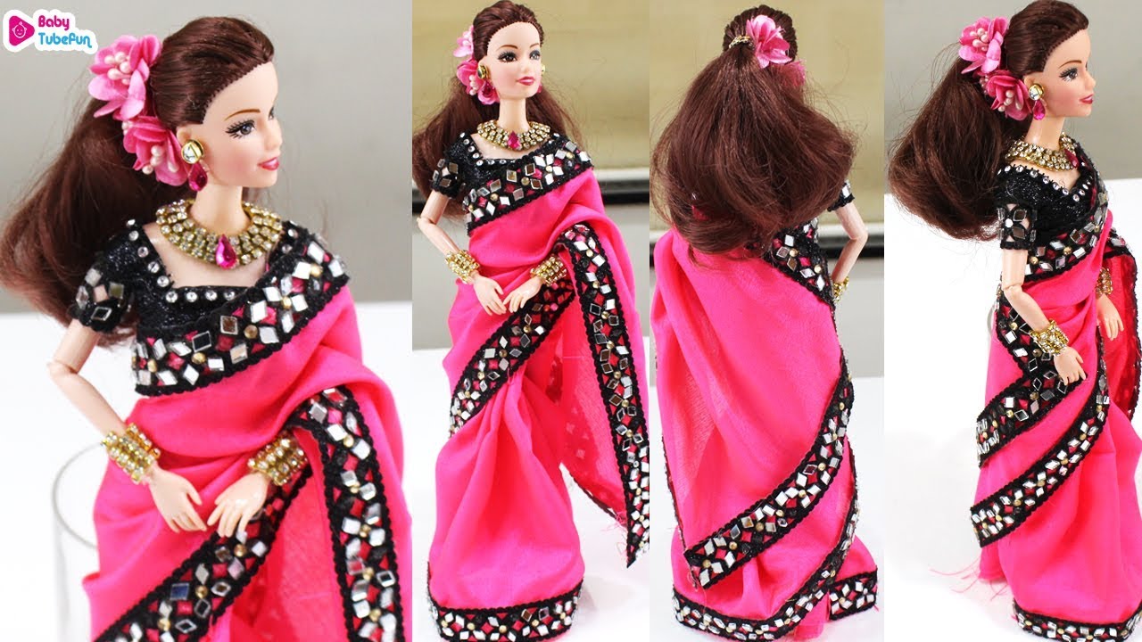 Barbie doll saree making, indian bridal doll dress and jewellery, Barbie  saree draping