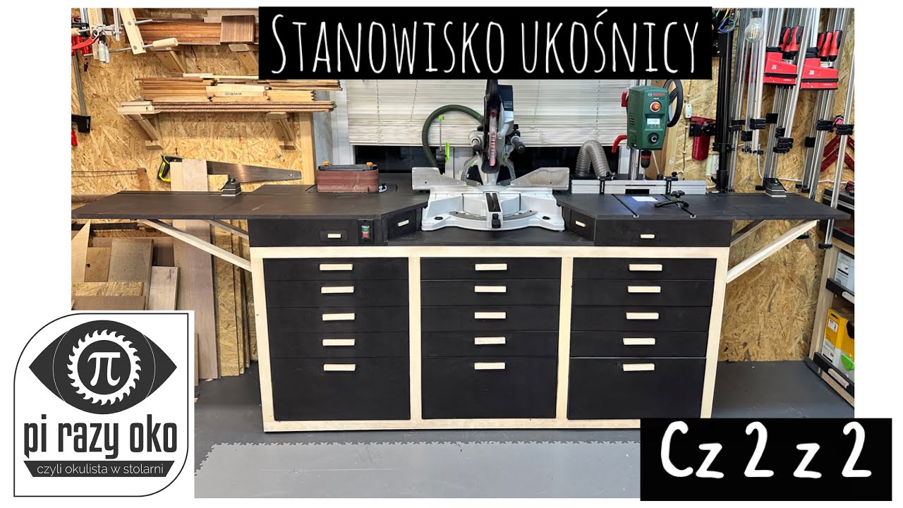 Stół warsztatowy pod ukośnicę z wbudowaną szlifierką taśmową, wiertarką stołową oraz odciągiem