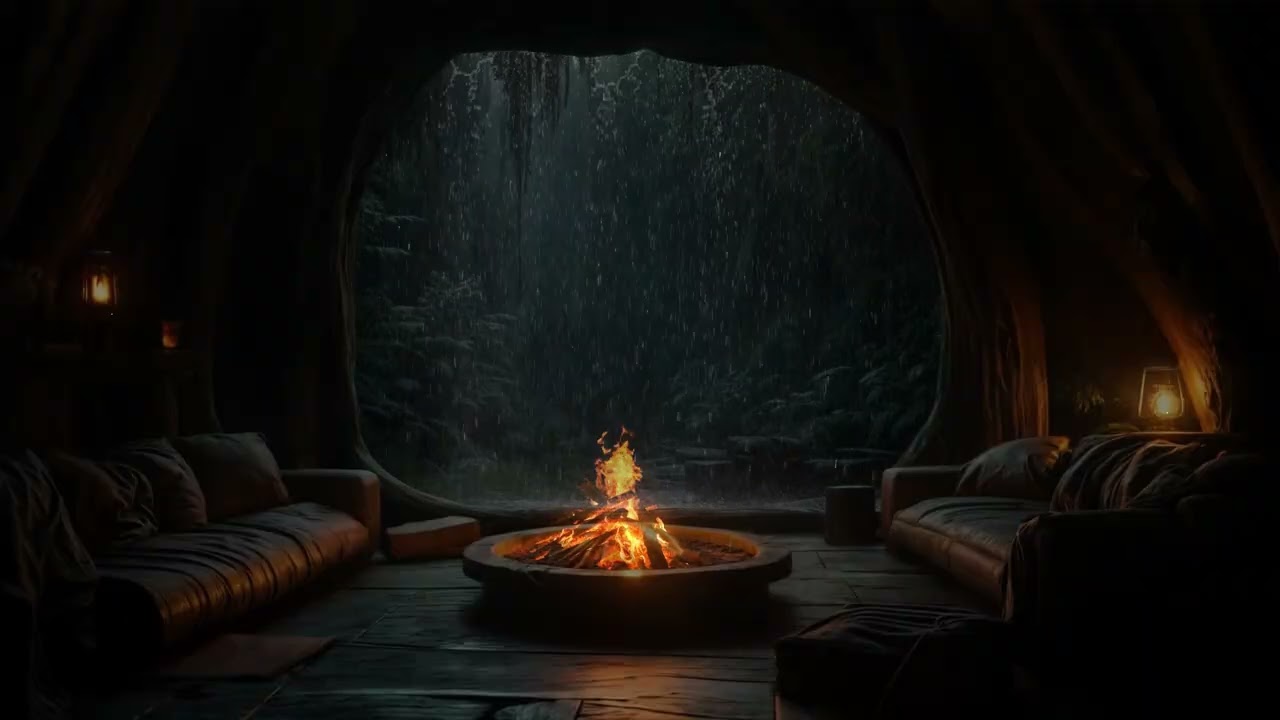 Rain Echoes in a Hidden Cave 🕳️🔥 Campfire Night Ambience for Deep Rest & Calm Sleep