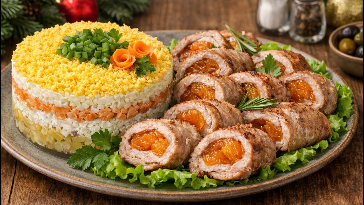 Салат «Мімоза» і мʼясні рулетики з курагою🥰