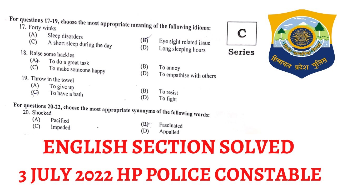HP Police Constable English Section || HP Police Constable Solved Paper 2015,2016,2017,2019,2022