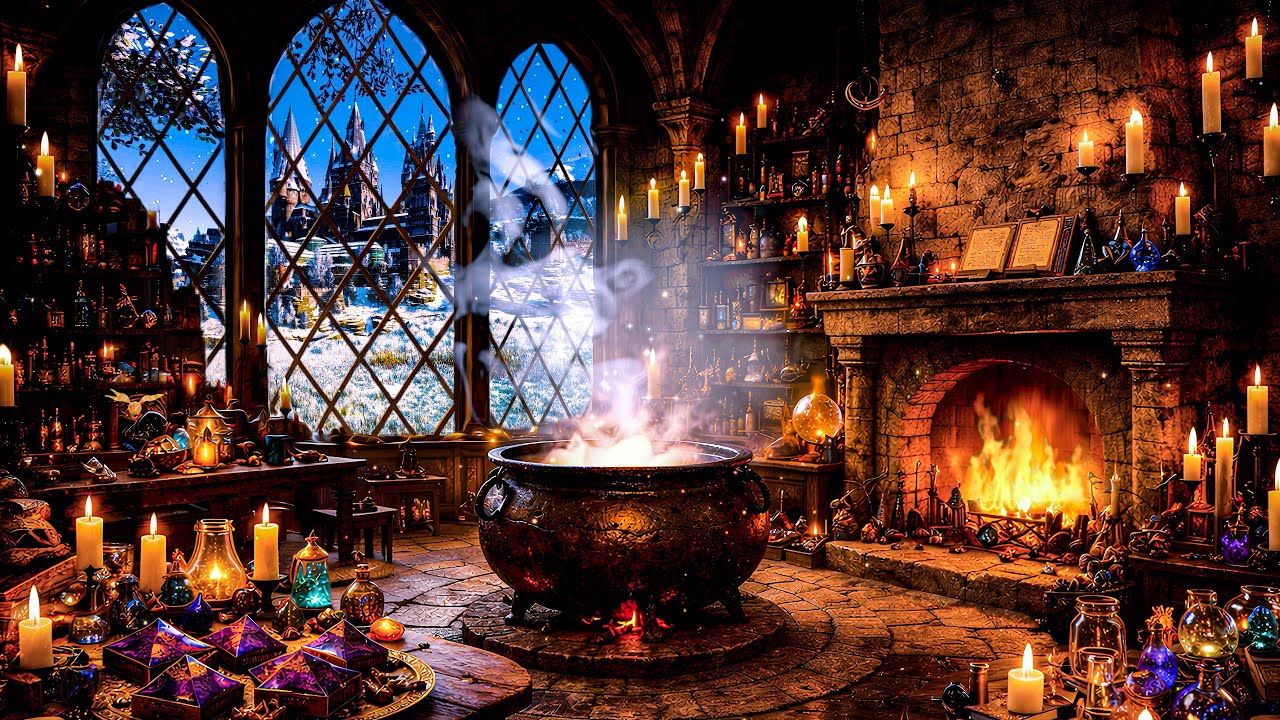Cozy Hogwarts Window ✨Harry Potter Ambience | Fire, Cauldron & Snow