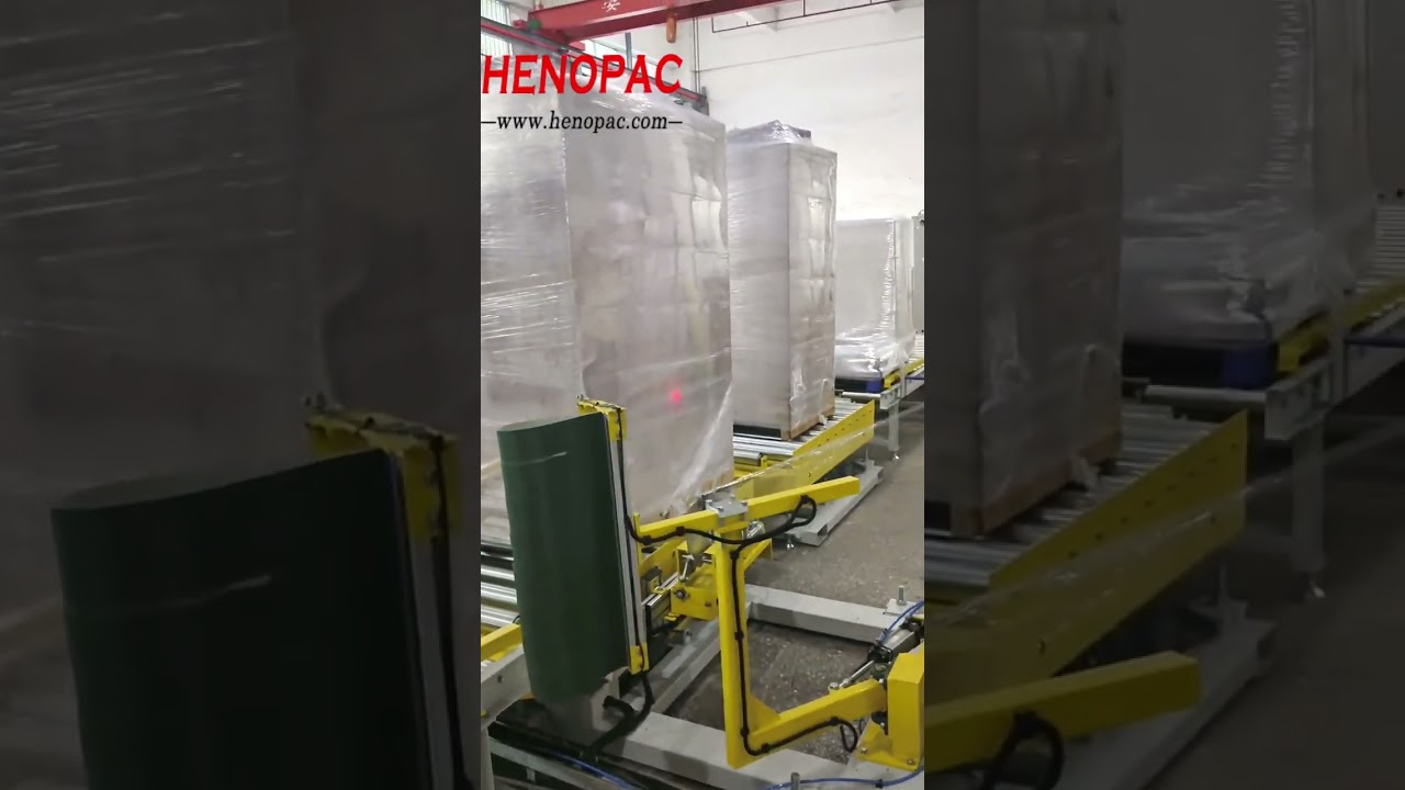 #inlinepalletwrapper with #rollerconveyor  and #pneumaticpalletcenteringconveyors for #palletizer