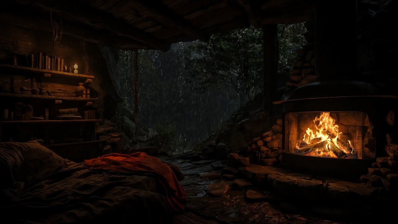 Safe Haven in a Warm Forest Cave🌧️Rain,Thunder & Crackling Fire for Deep Sleep & Peaceful Relaxation