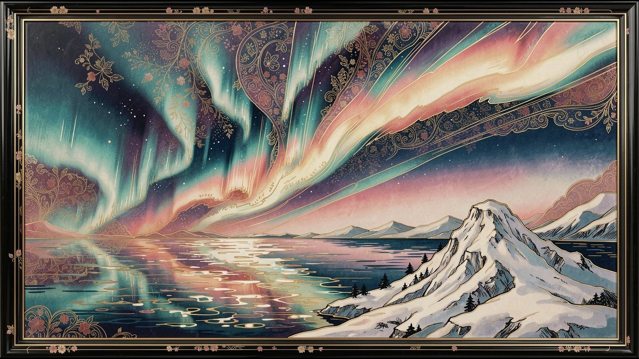 Winter Landscape Aurora Above Winter Peaks in Japanese Enamel Art frame tv art 4k with music