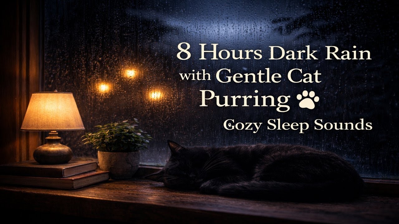 8 Hours Dark Rain on Window with Gentle Cat Purring 🐾 Cozy Sleep Sounds