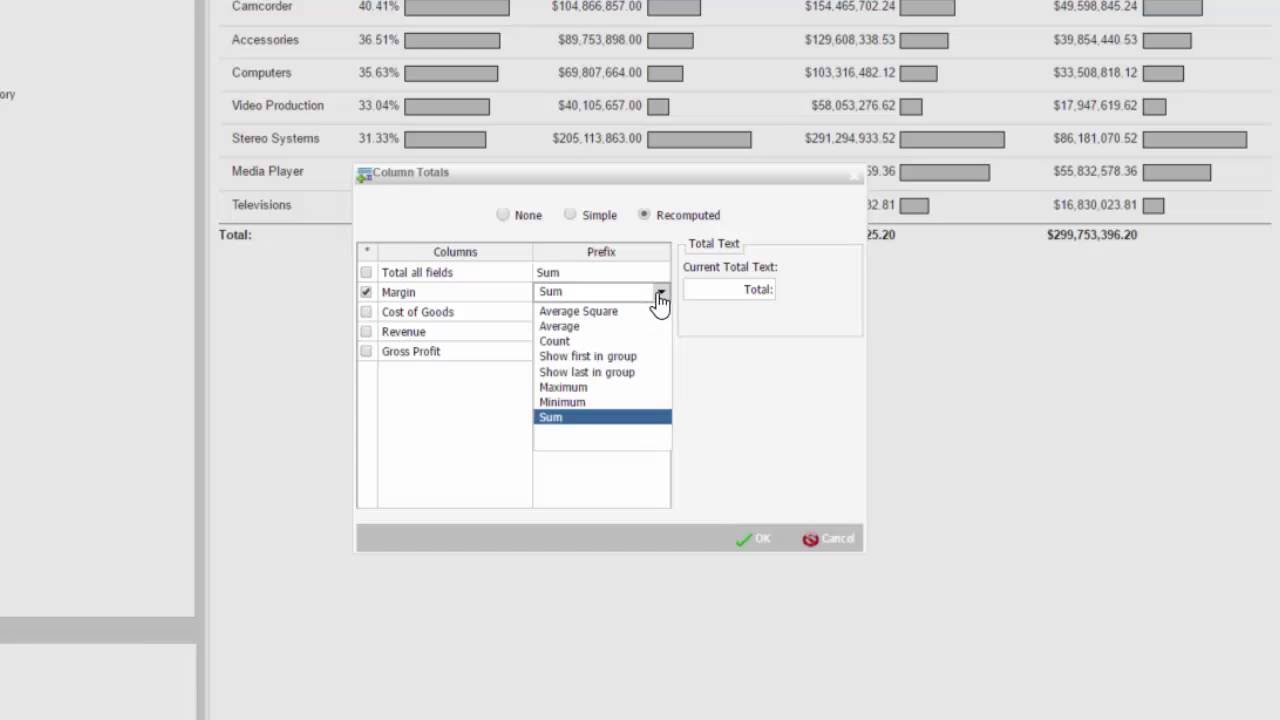 WebFOCUS 8.2 BUE Sample Report: Margin by Product Category
